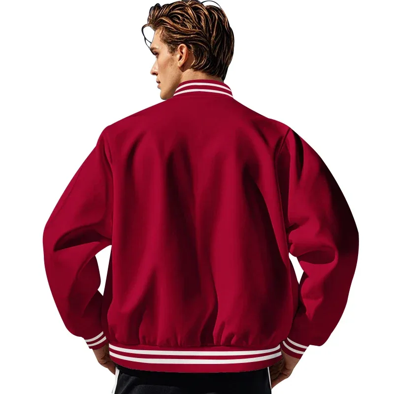 Men's Baseball Jacket with Stand-up Collar Button, Flight Jacket Monochromatic Loose, Casual, American Sports, Autumn and Winter