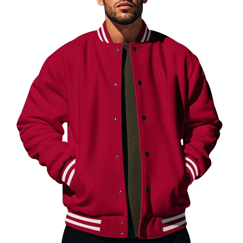Men's Baseball Jacket with Stand-up Collar Button, Flight Jacket Monochromatic Loose, Casual, American Sports, Autumn and Winter
