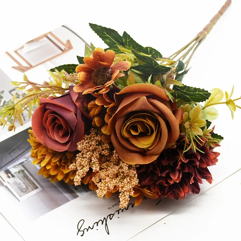 1 Bunch Rose Chrysanthemum Combination Bouquet High Quality Artificial Flowers Home Decor Autumn Decoration Diy Wedding Festival
