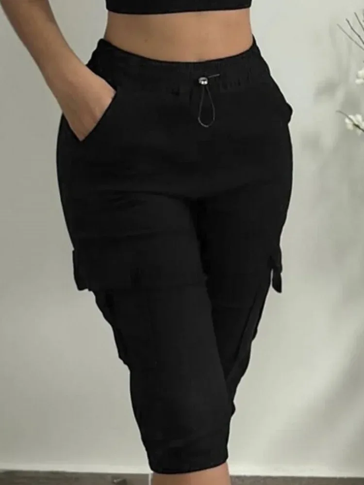 Summer Women's Slim-Fit Capri Trousers Solid Color Casual Multiple Pocket Lace-Up High Waist Tight Leggings Capri Pants