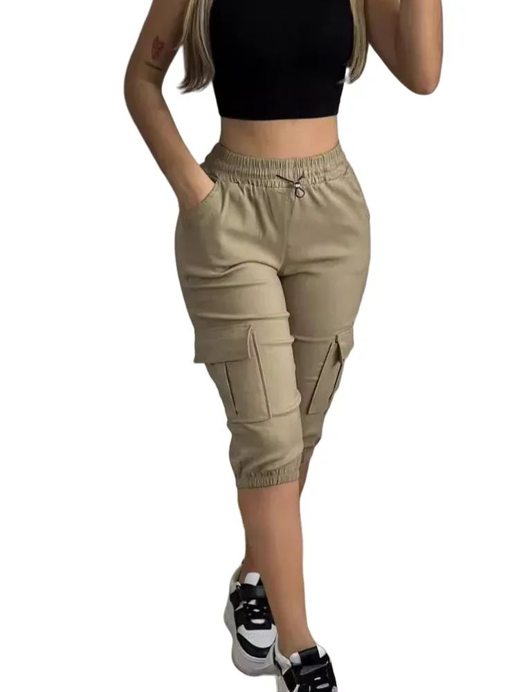 Summer Women's Slim-Fit Capri Trousers Solid Color Casual Multiple Pocket Lace-Up High Waist Tight Leggings Capri Pants