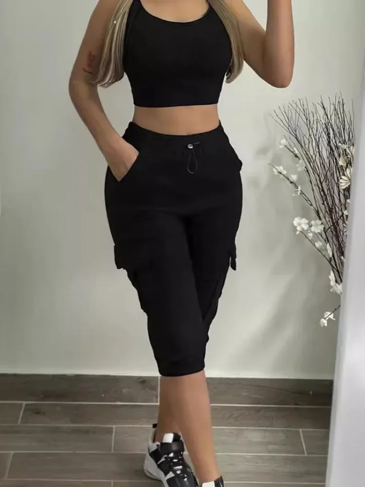 Summer Women's Slim-Fit Capri Trousers Solid Color Casual Multiple Pocket Lace-Up High Waist Tight Leggings Capri Pants