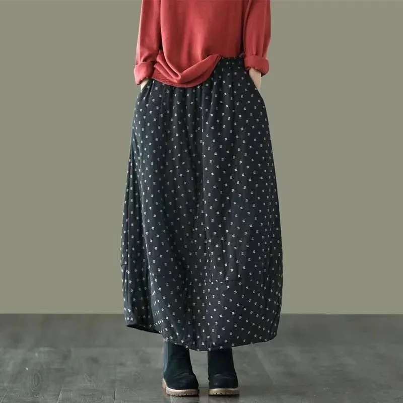 Careaymade New Autumn Winter Print Cotton Skirt Women Elastic Waist Thick Warm Long Skirts Female Loose Vintage Skirts