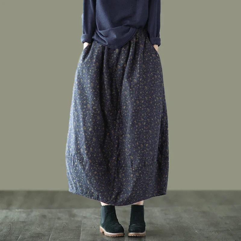 Careaymade New Autumn Winter Print Cotton Skirt Women Elastic Waist Thick Warm Long Skirts Female Loose Vintage Skirts