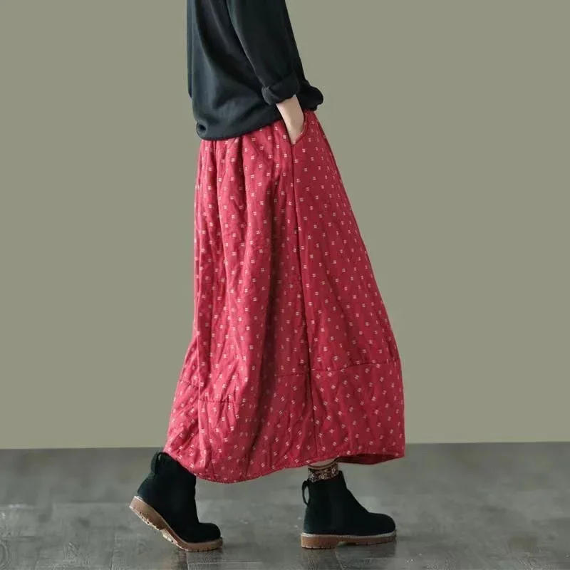 Careaymade New Autumn Winter Print Cotton Skirt Women Elastic Waist Thick Warm Long Skirts Female Loose Vintage Skirts