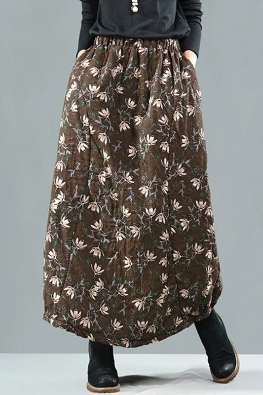 Careaymade New Autumn Winter Print Cotton Skirt Women Elastic Waist Thick Warm Long Skirts Female Loose Vintage Skirts