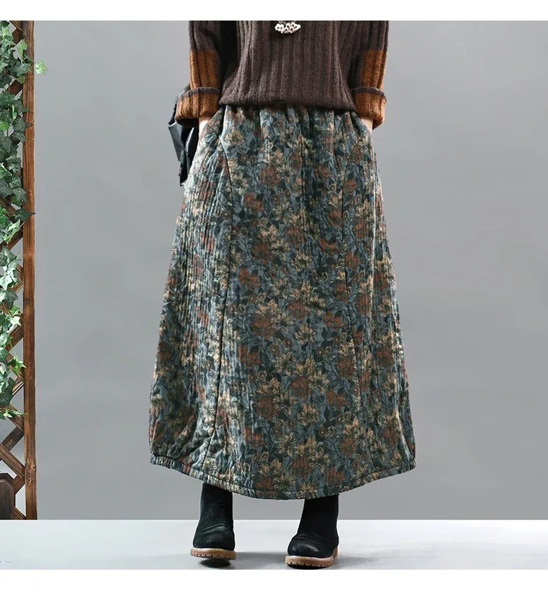 Careaymade New Autumn Winter Print Cotton Skirt Women Elastic Waist Thick Warm Long Skirts Female Loose Vintage Skirts