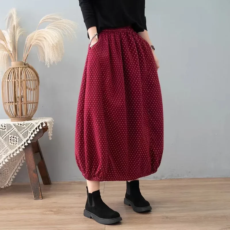 Careaymade New Autumn Winter Print Cotton Skirt Women Elastic Waist Thick Warm Long Skirts Female Loose Vintage Skirts