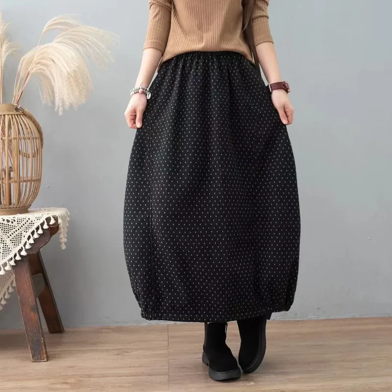 Careaymade New Autumn Winter Print Cotton Skirt Women Elastic Waist Thick Warm Long Skirts Female Loose Vintage Skirts