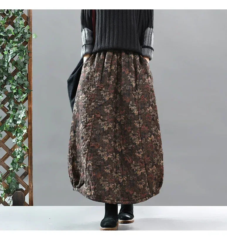 Careaymade New Autumn Winter Print Cotton Skirt Women Elastic Waist Thick Warm Long Skirts Female Loose Vintage Skirts