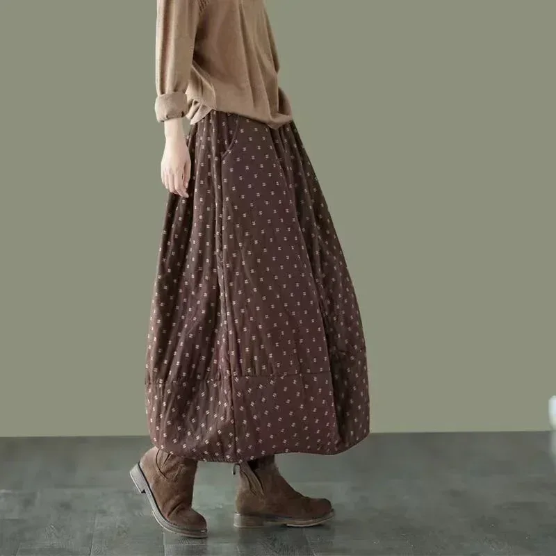 Careaymade New Autumn Winter Print Cotton Skirt Women Elastic Waist Thick Warm Long Skirts Female Loose Vintage Skirts