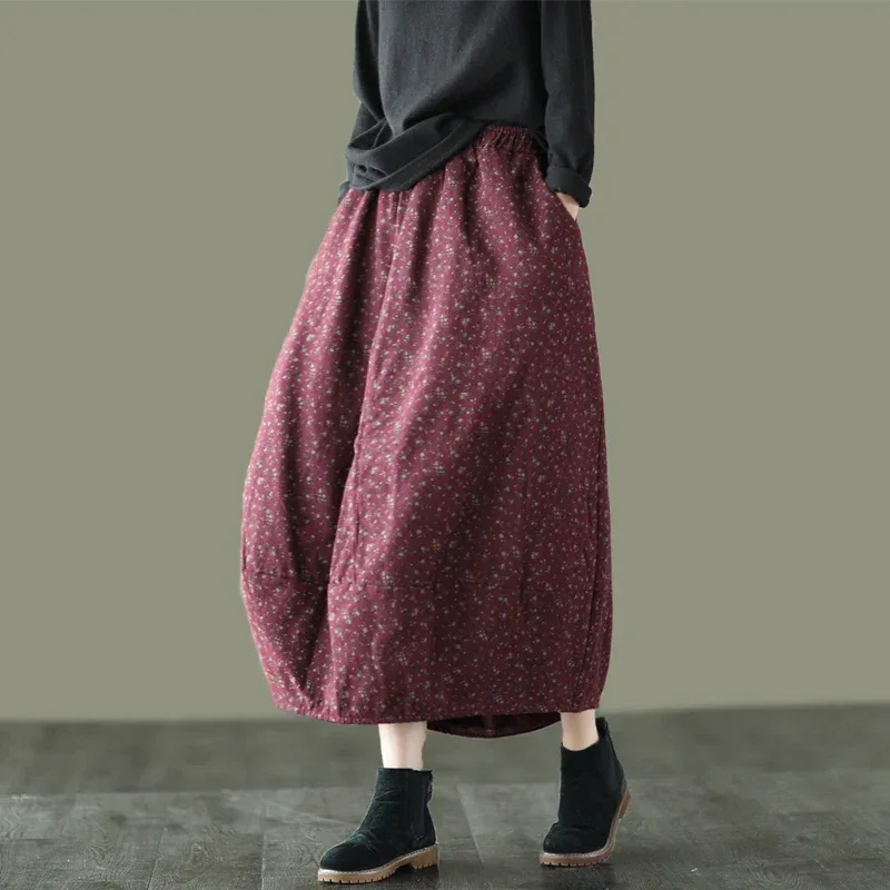 Careaymade New Autumn Winter Print Cotton Skirt Women Elastic Waist Thick Warm Long Skirts Female Loose Vintage Skirts