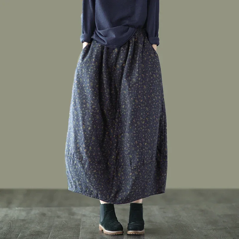 Careaymade New Autumn Winter Print Cotton Skirt Women Elastic Waist Thick Warm Long Skirts Female Loose Vintage Skirts