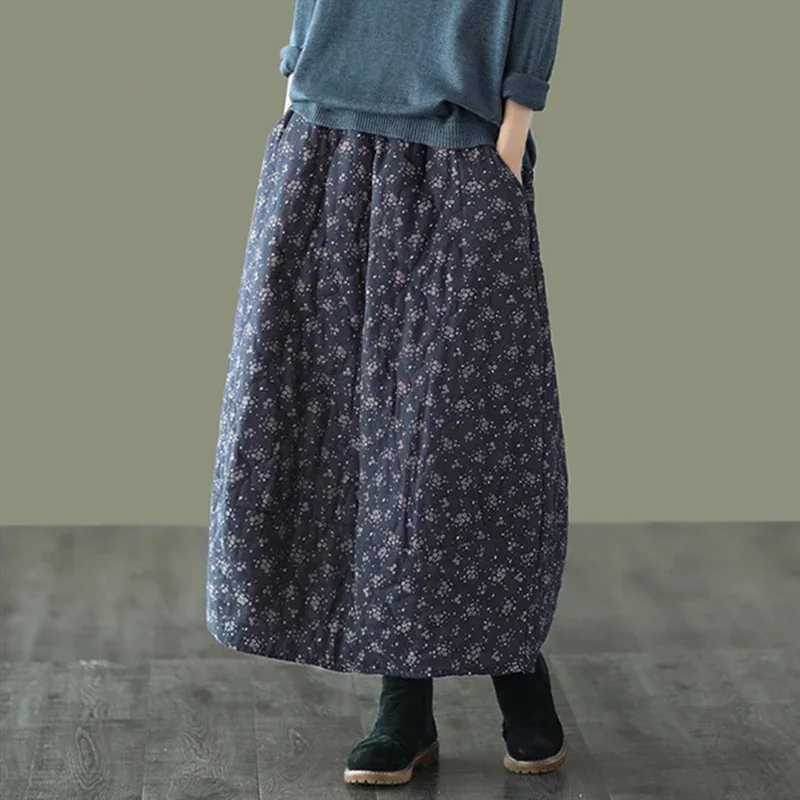 Careaymade New Autumn Winter Print Cotton Skirt Women Elastic Waist Thick Warm Long Skirts Female Loose Vintage Skirts