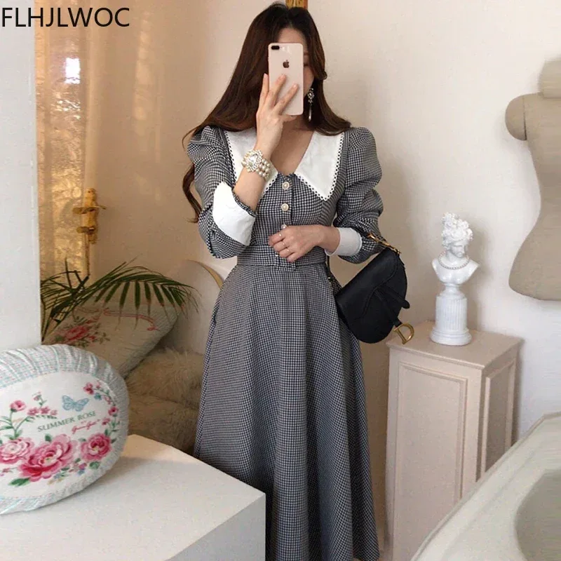2021 Autumn Spring Basic Belt Plaid Shirt Dress Long Maxi Feminine Vestidos Chic Korea Design Clothes