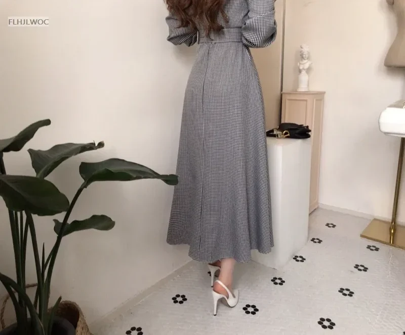 2021 Autumn Spring Basic Belt Plaid Shirt Dress Long Maxi Feminine Vestidos Chic Korea Design Clothes