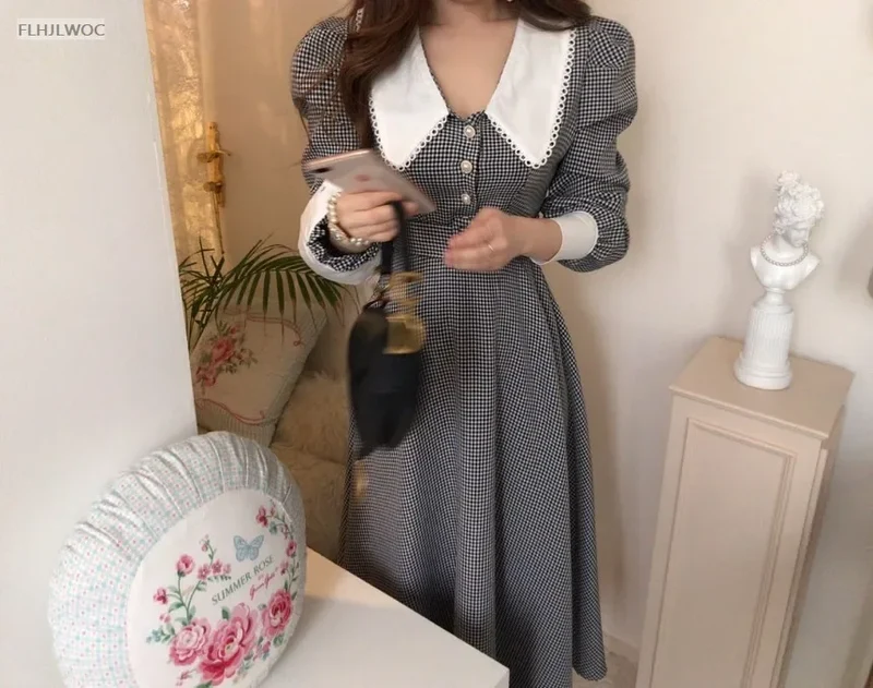 2021 Autumn Spring Basic Belt Plaid Shirt Dress Long Maxi Feminine Vestidos Chic Korea Design Clothes