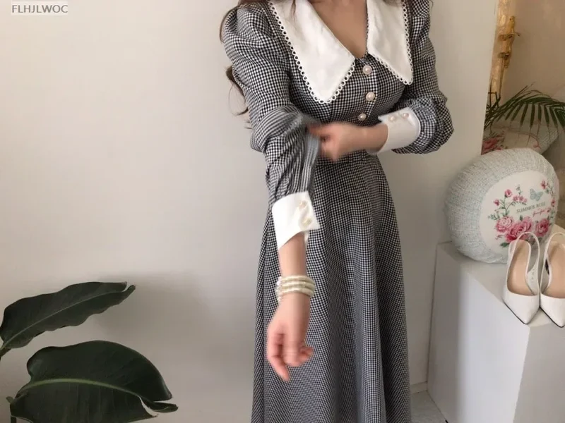 2021 Autumn Spring Basic Belt Plaid Shirt Dress Long Maxi Feminine Vestidos Chic Korea Design Clothes