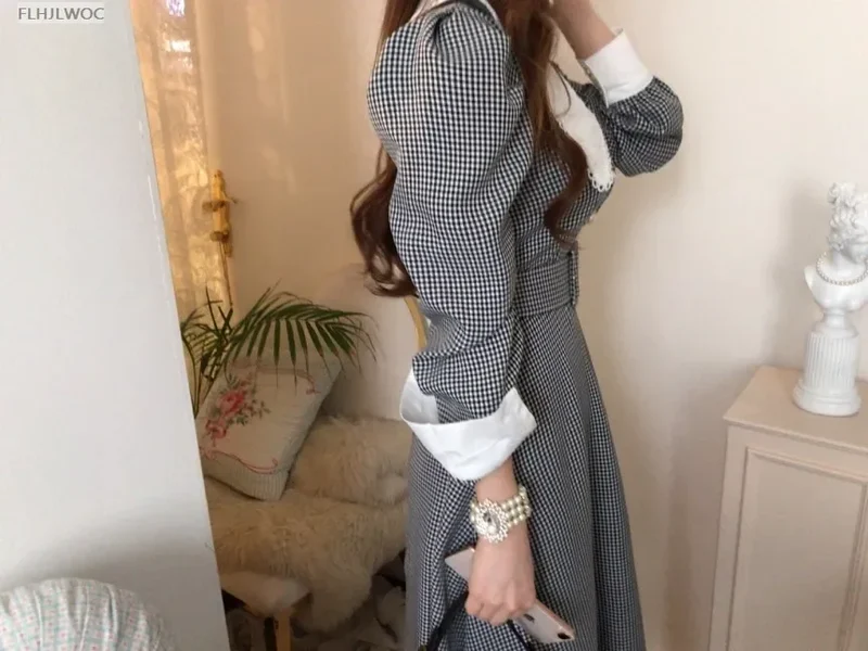 2021 Autumn Spring Basic Belt Plaid Shirt Dress Long Maxi Feminine Vestidos Chic Korea Design Clothes