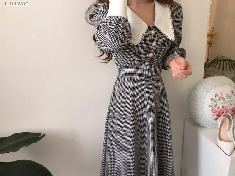 2021 Autumn Spring Basic Belt Plaid Shirt Dress Long Maxi Feminine Vestidos Chic Korea Design Clothes