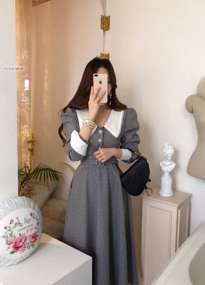 2021 Autumn Spring Basic Belt Plaid Shirt Dress Long Maxi Feminine Vestidos Chic Korea Design Clothes