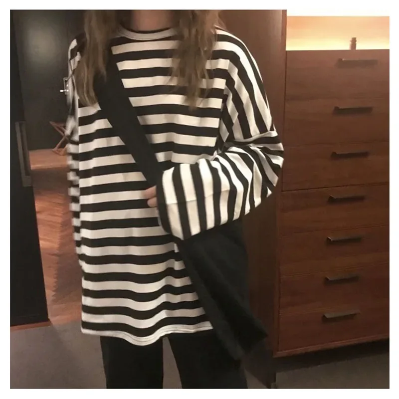 spring Autumn Women harajuku Striped Tshirt Long Sleeve O-Neck T-Shirts ulzzang Korean Casual T Shirt Femme black Tops