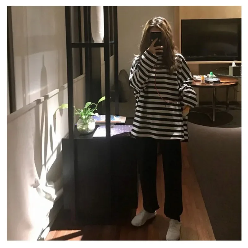 spring Autumn Women harajuku Striped Tshirt Long Sleeve O-Neck T-Shirts ulzzang Korean Casual T Shirt Femme black Tops