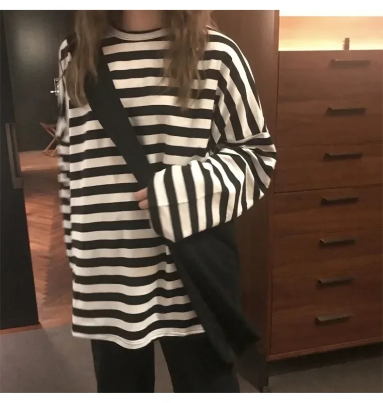 spring Autumn Women harajuku Striped Tshirt Long Sleeve O-Neck T-Shirts ulzzang Korean Casual T Shirt Femme black Tops