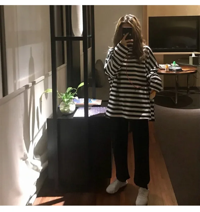 spring Autumn Women harajuku Striped Tshirt Long Sleeve O-Neck T-Shirts ulzzang Korean Casual T Shirt Femme black Tops