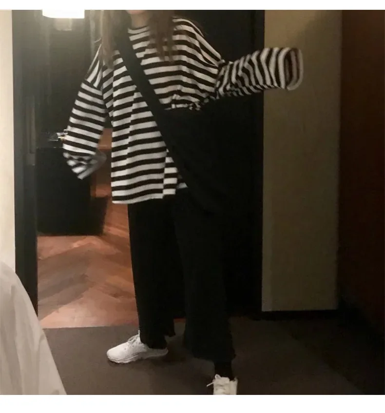 spring Autumn Women harajuku Striped Tshirt Long Sleeve O-Neck T-Shirts ulzzang Korean Casual T Shirt Femme black Tops