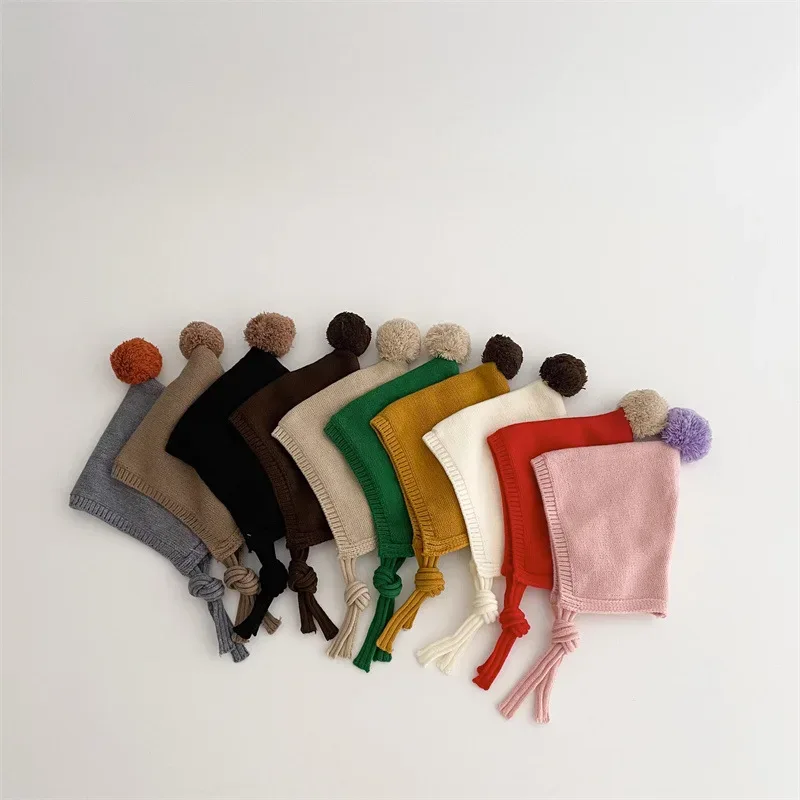 Winter Pompom Baby Hat Cute Cartoon Newborn Knitted Cap Autumn Warm Woolen Kids Boy Girl Ear Protection Hats