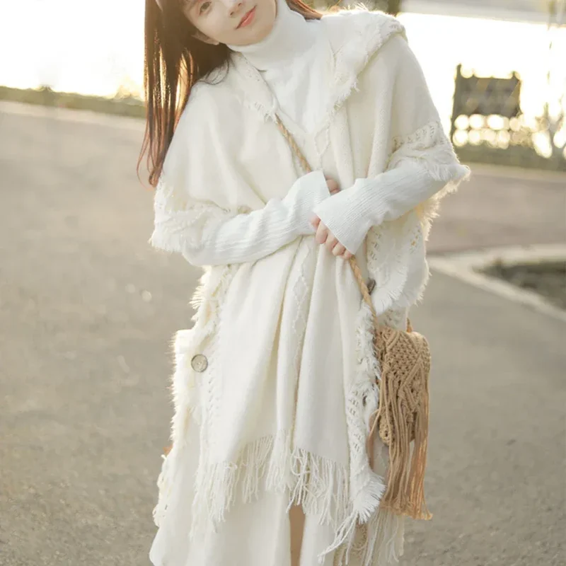 Women Knitted Cape Shawl Wrap Cloak Ethnic Hooded Poncho Hoody Jumper Sweater Tassels Dropshipping