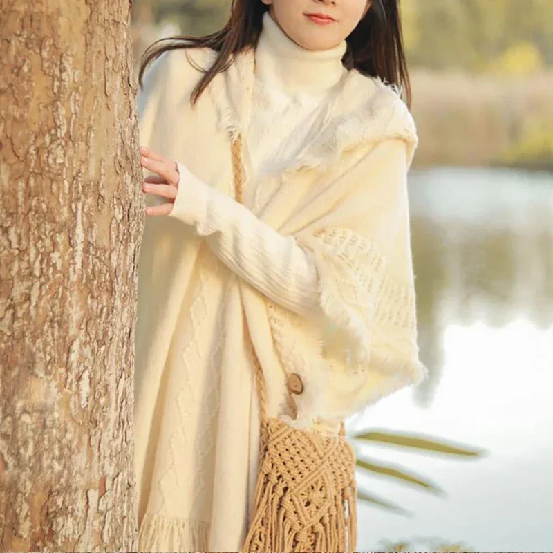 Women Knitted Cape Shawl Wrap Cloak Ethnic Hooded Poncho Hoody Jumper Sweater Tassels Dropshipping