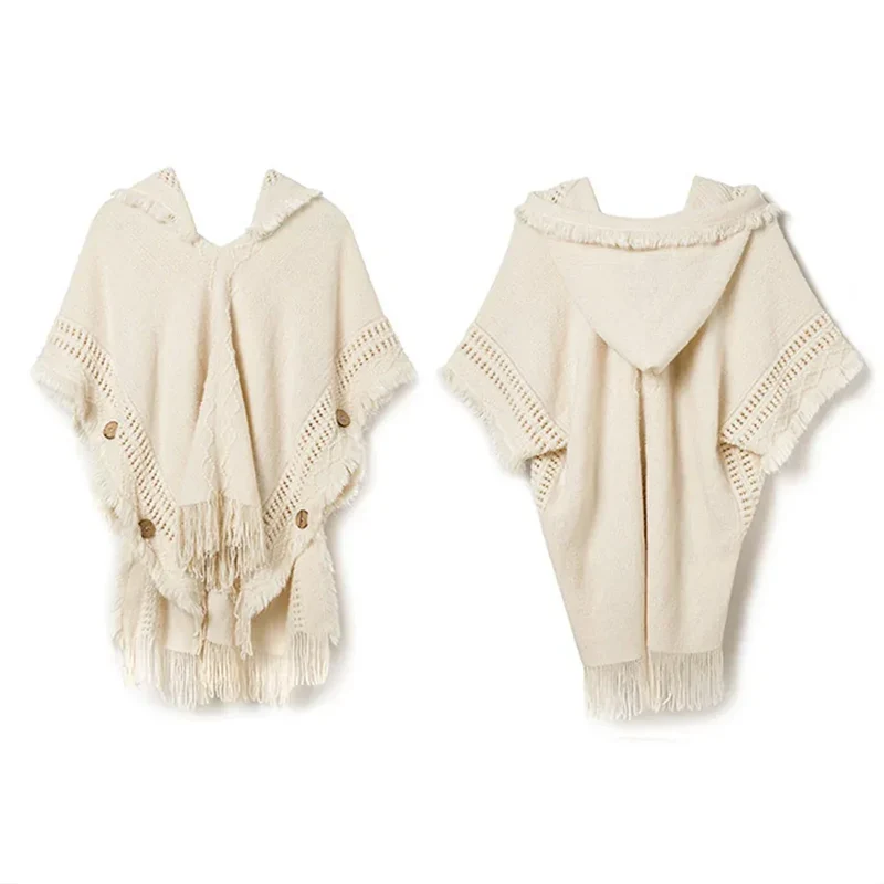 Women Knitted Cape Shawl Wrap Cloak Ethnic Hooded Poncho Hoody Jumper Sweater Tassels Dropshipping