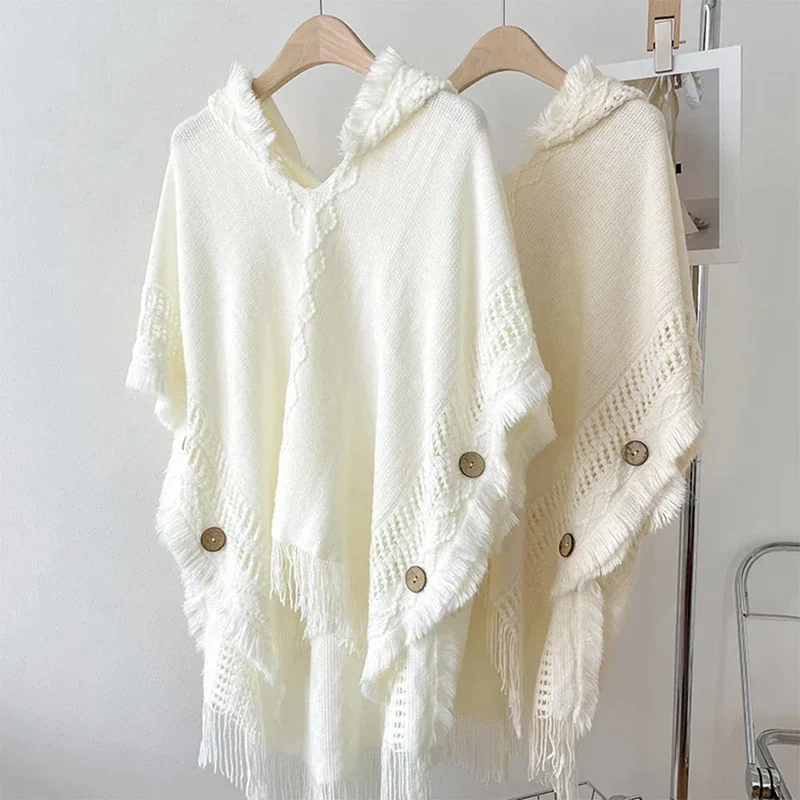 Women Knitted Cape Shawl Wrap Cloak Ethnic Hooded Poncho Hoody Jumper Sweater Tassels Dropshipping