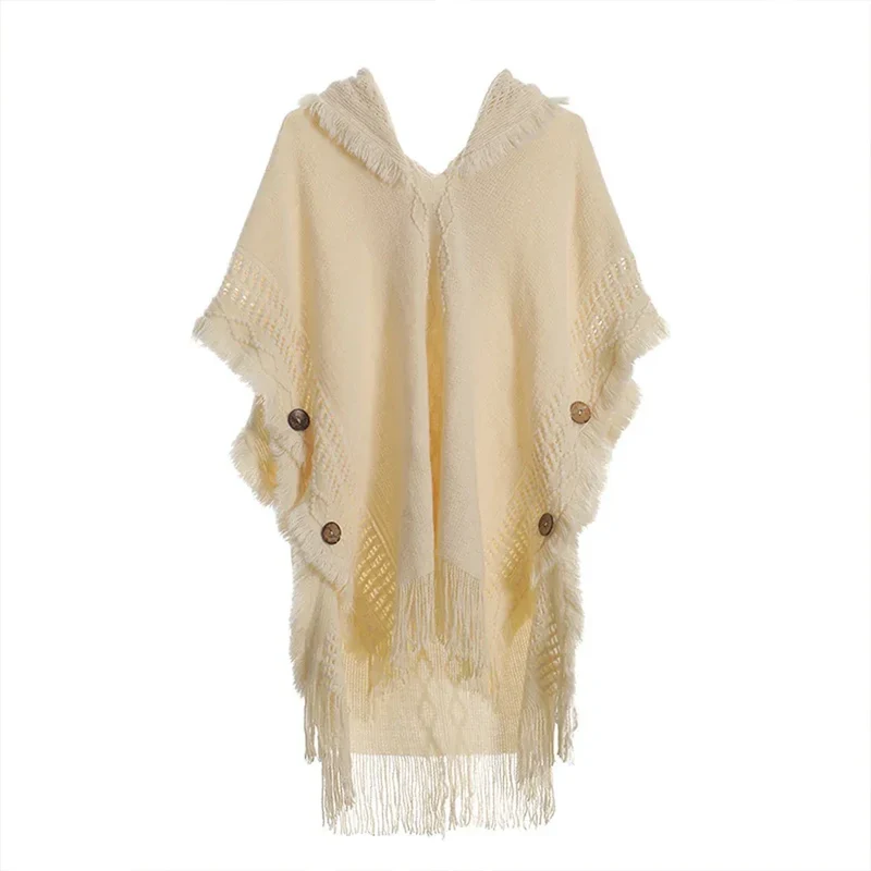 Women Knitted Cape Shawl Wrap Cloak Ethnic Hooded Poncho Hoody Jumper Sweater Tassels Dropshipping