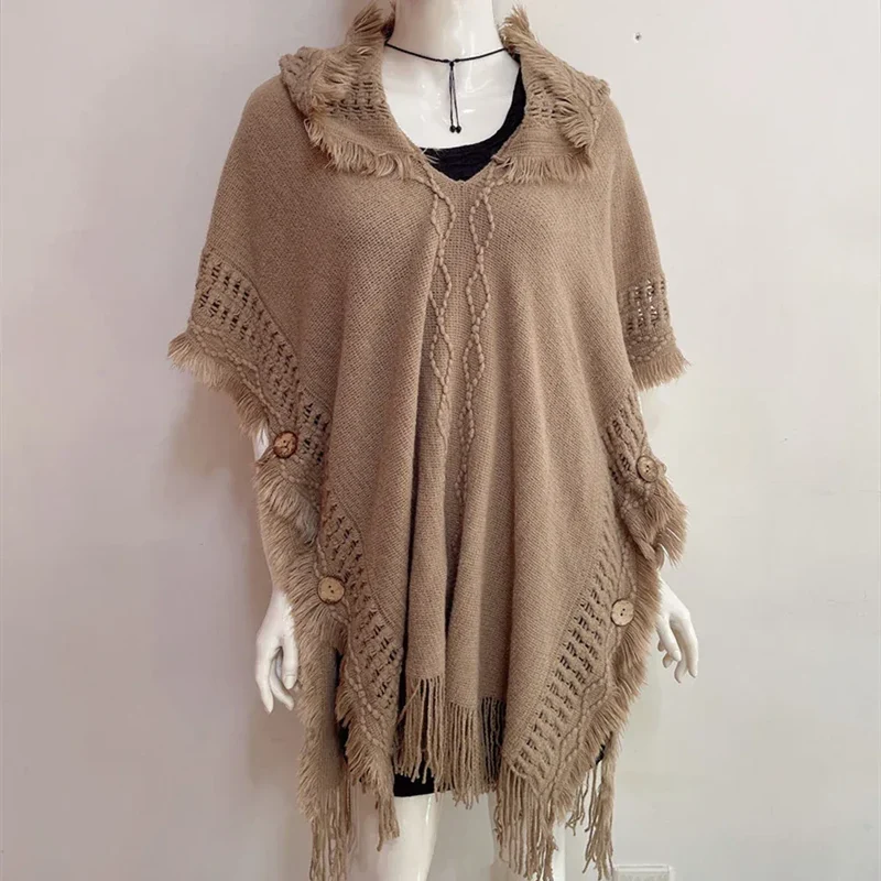Women Knitted Cape Shawl Wrap Cloak Ethnic Hooded Poncho Hoody Jumper Sweater Tassels Dropshipping