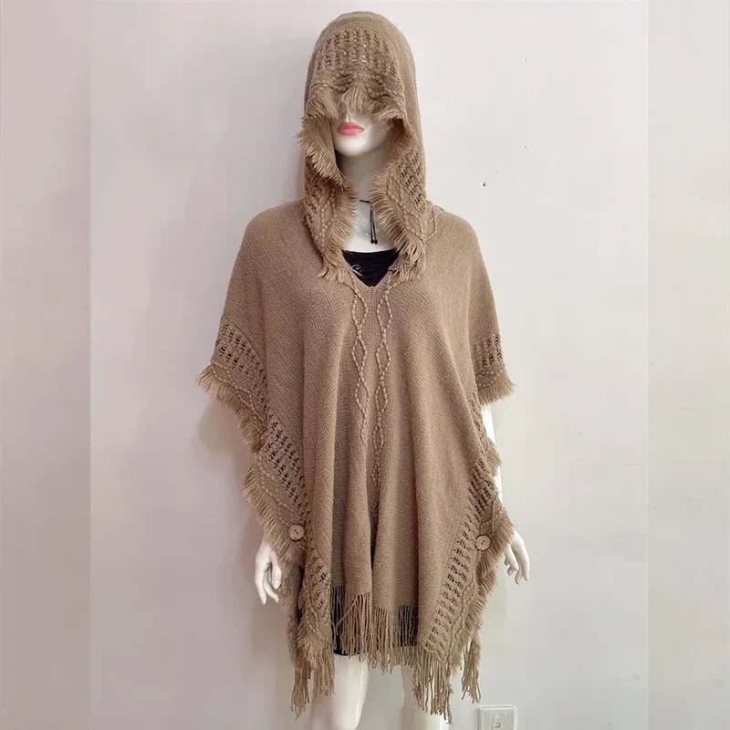 Women Knitted Cape Shawl Wrap Cloak Ethnic Hooded Poncho Hoody Jumper Sweater Tassels Dropshipping