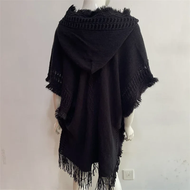 Women Knitted Cape Shawl Wrap Cloak Ethnic Hooded Poncho Hoody Jumper Sweater Tassels Dropshipping