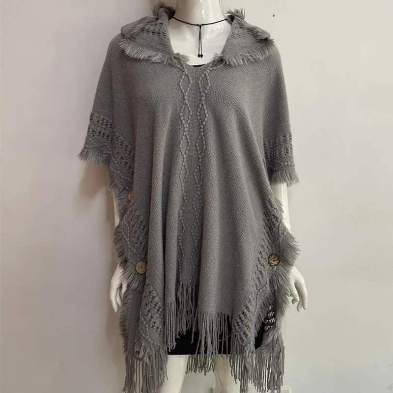 Women Knitted Cape Shawl Wrap Cloak Ethnic Hooded Poncho Hoody Jumper Sweater Tassels Dropshipping