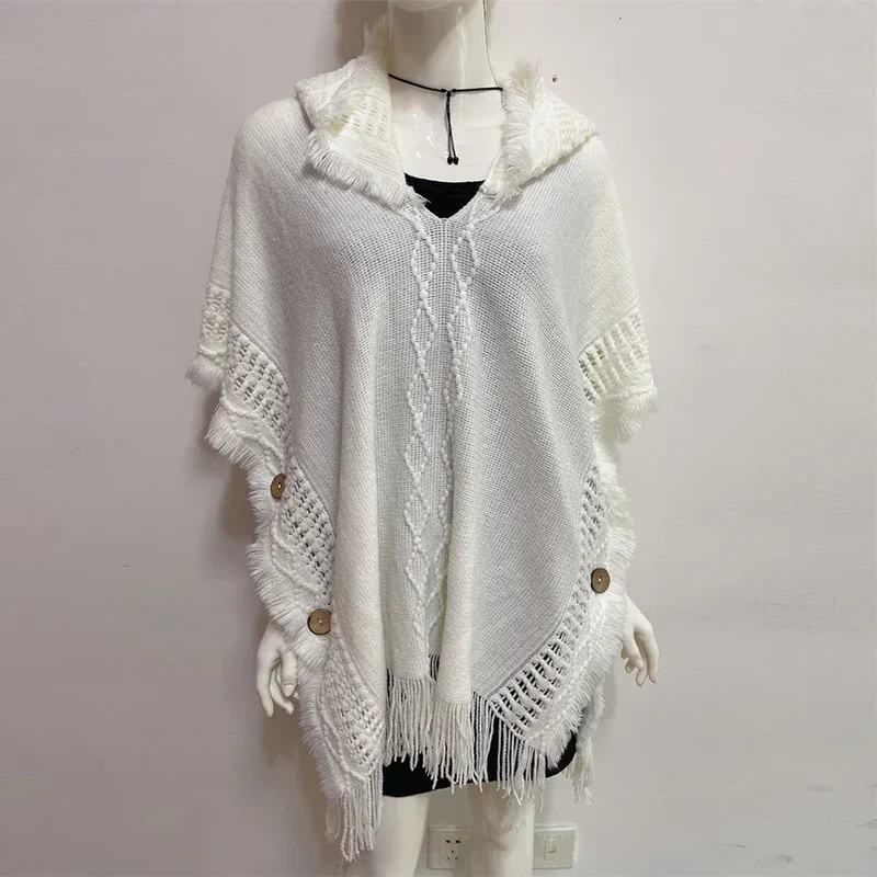 Women Knitted Cape Shawl Wrap Cloak Ethnic Hooded Poncho Hoody Jumper Sweater Tassels Dropshipping