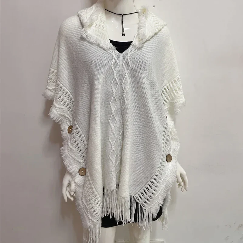Women Knitted Cape Shawl Wrap Cloak Ethnic Hooded Poncho Hoody Jumper Sweater Tassels Dropshipping