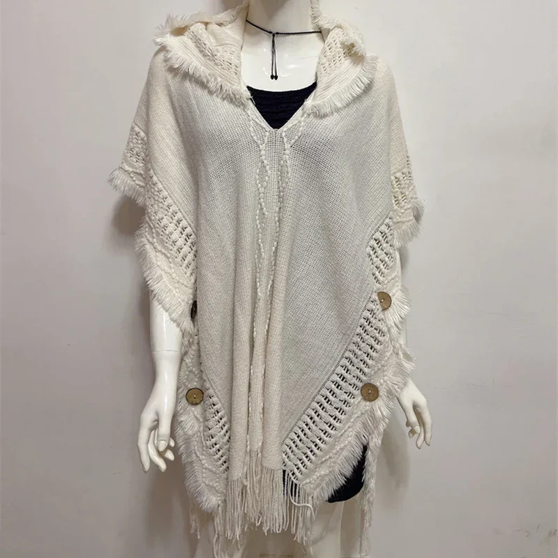 Women Knitted Cape Shawl Wrap Cloak Ethnic Hooded Poncho Hoody Jumper Sweater Tassels Dropshipping
