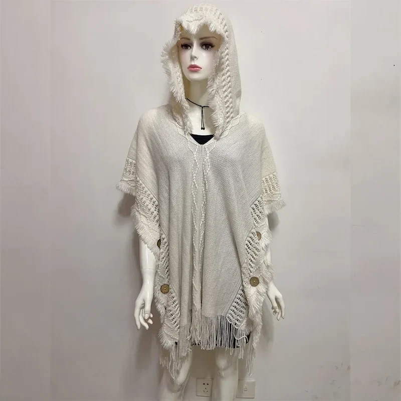 Women Knitted Cape Shawl Wrap Cloak Ethnic Hooded Poncho Hoody Jumper Sweater Tassels Dropshipping