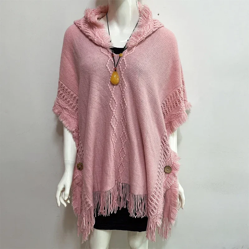 Women Knitted Cape Shawl Wrap Cloak Ethnic Hooded Poncho Hoody Jumper Sweater Tassels Dropshipping