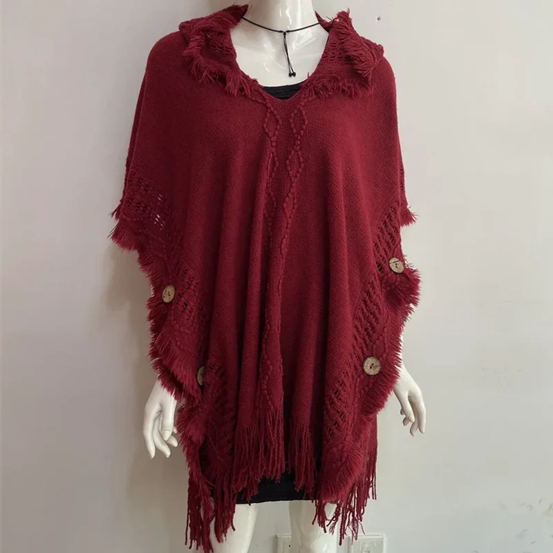 Women Knitted Cape Shawl Wrap Cloak Ethnic Hooded Poncho Hoody Jumper Sweater Tassels Dropshipping