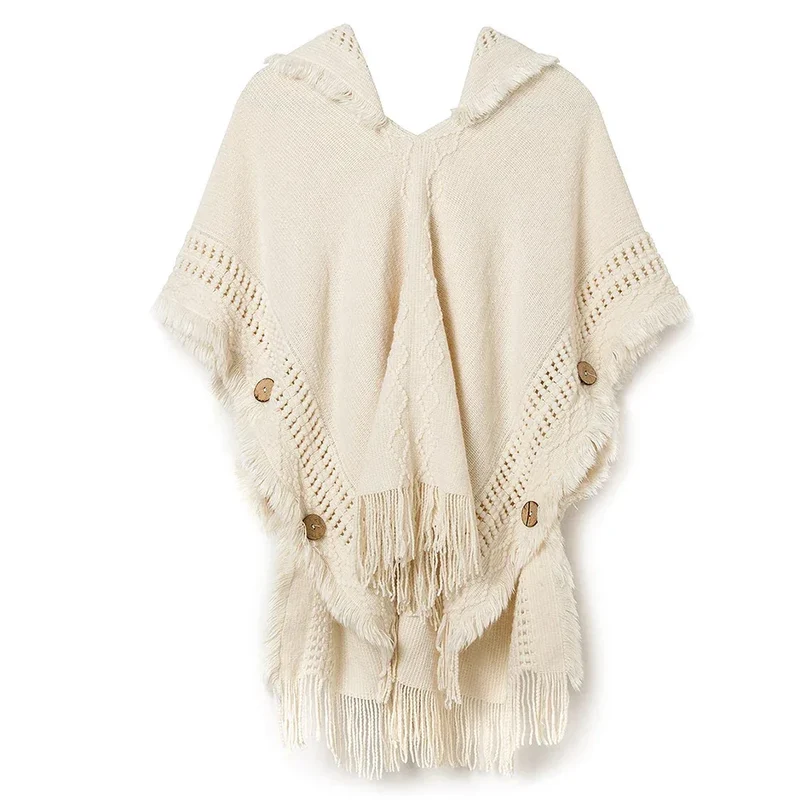 Women Knitted Cape Shawl Wrap Cloak Ethnic Hooded Poncho Hoody Jumper Sweater Tassels Dropshipping