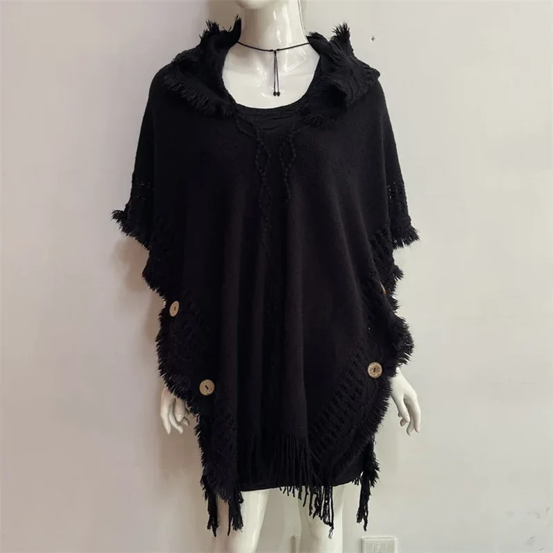 Women Knitted Cape Shawl Wrap Cloak Ethnic Hooded Poncho Hoody Jumper Sweater Tassels Dropshipping