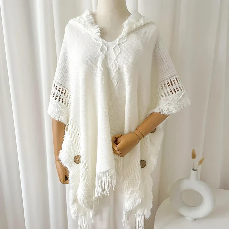 Women Knitted Cape Shawl Wrap Cloak Ethnic Hooded Poncho Hoody Jumper Sweater Tassels Dropshipping