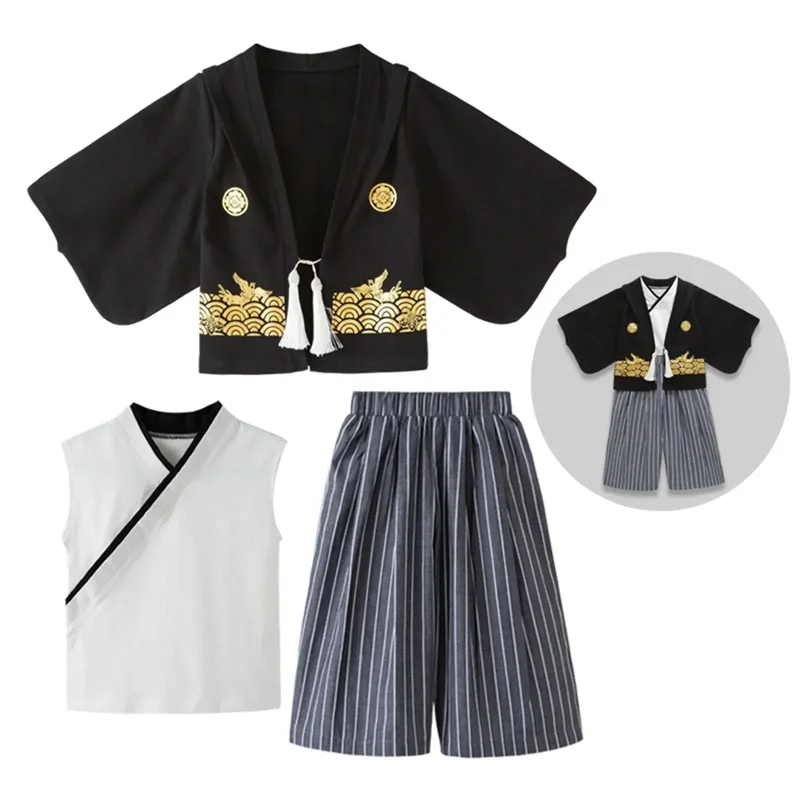 Boys' Kimono Set Traditional Jinbei Kimono For Weddings Graduations Cherry And Autumn Festivals Boys Winter Outfit